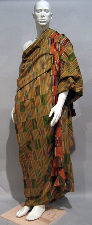 Asante man's kente prestige cloth of cotton and silk, 19th century, draped on a mannequin