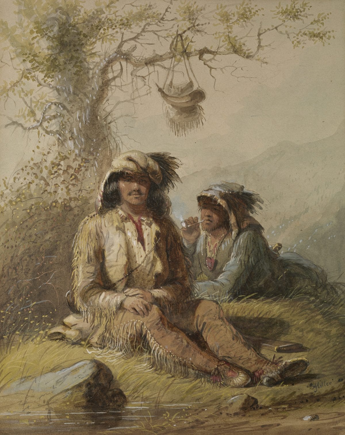 Watercolor of two seated trappers by a stream, one in a fringed buckskin coat and fringed leggings with moccasins and a fur cap with feathers, the other smoking a pipe in a blue-gray coat