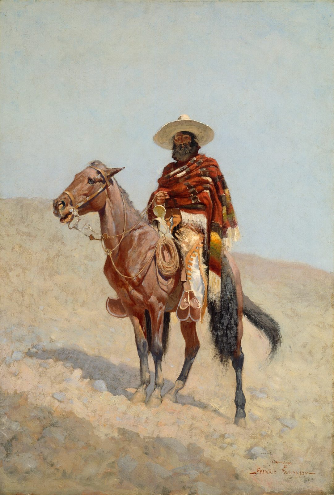 Painting of a bearded rider in a wide straw sombrero and a striped red serape, with leather leggings tied over white trousers, on a horse with a coiled rope at the saddle