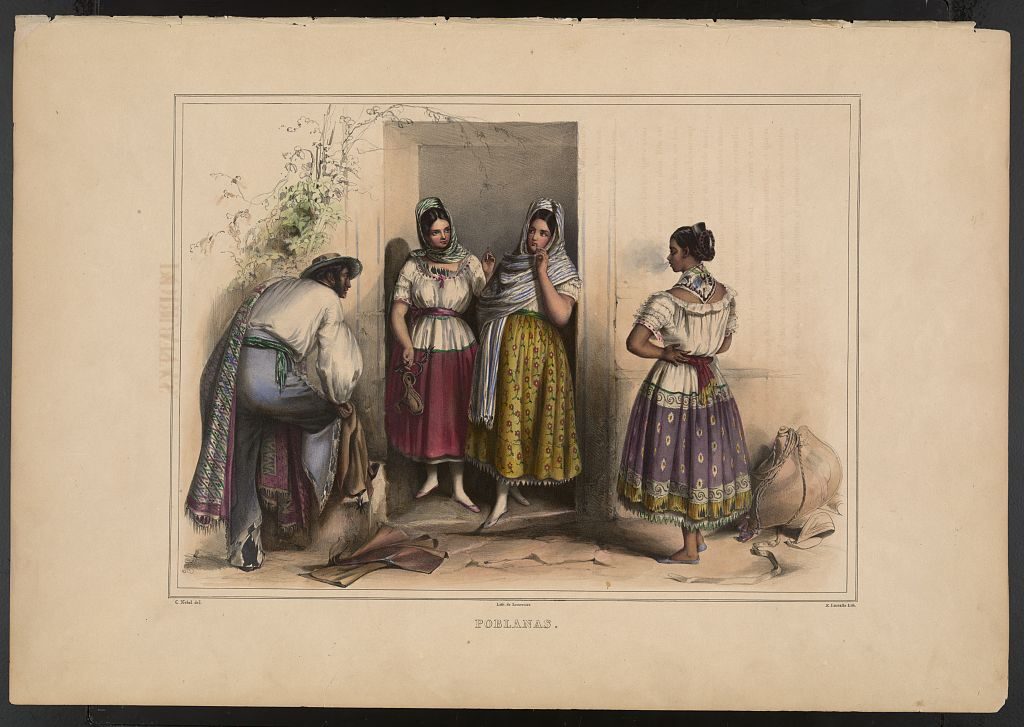 Lithograph of women of Puebla in embroidered blouses, full skirts, and rebozo shawls, with a man in a striped serape