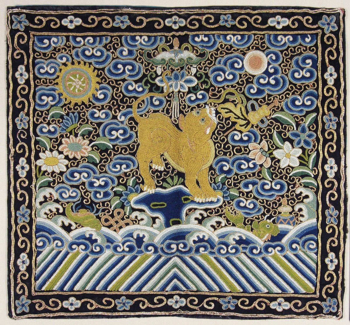 Qing dynasty embroidered rank badge with a tiger, the emblem of a military official