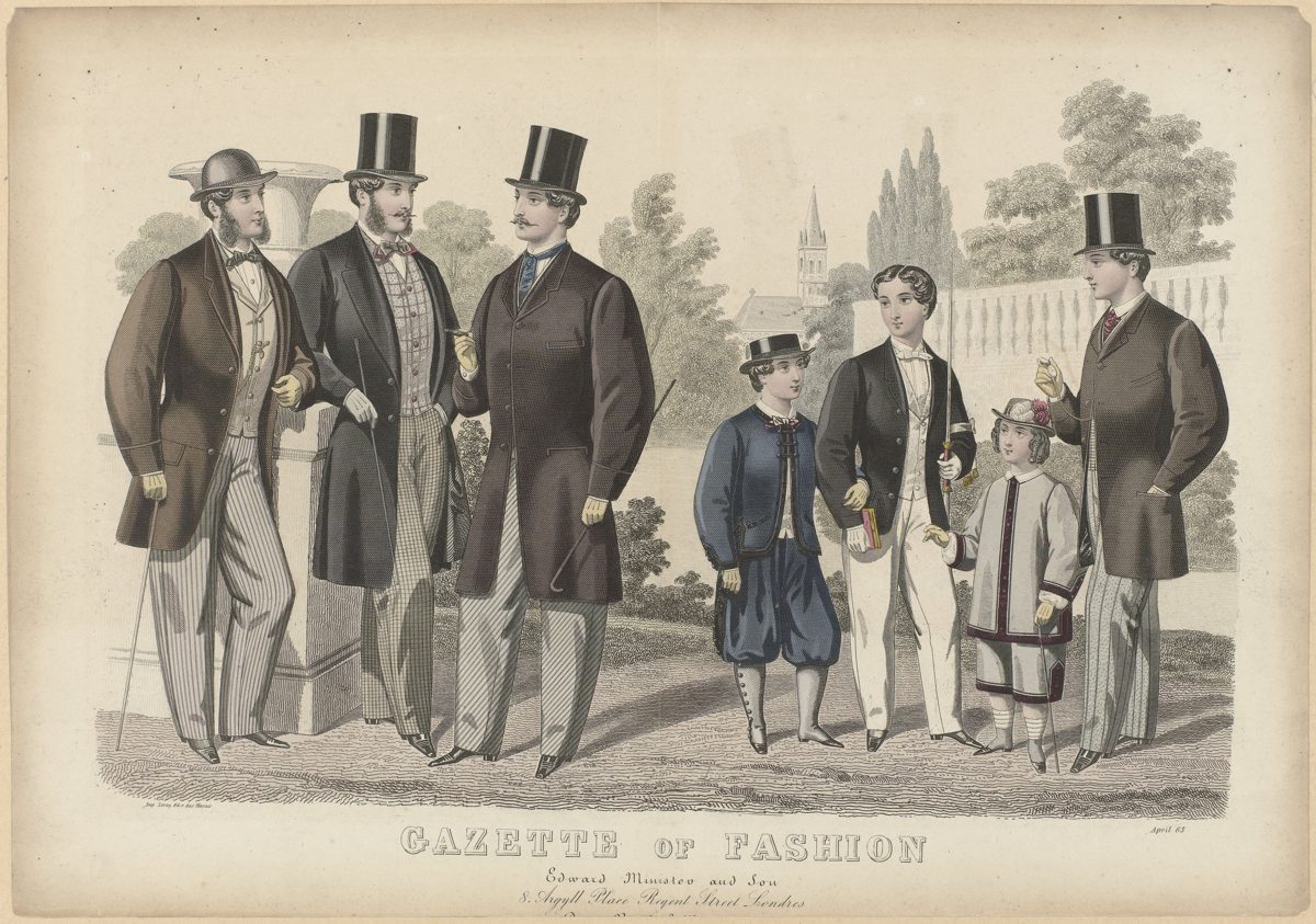 London fashion plate of 1863 showing men in frock coats, lounge jackets, patterned waistcoats, striped trousers and top hats, with boys' outfits