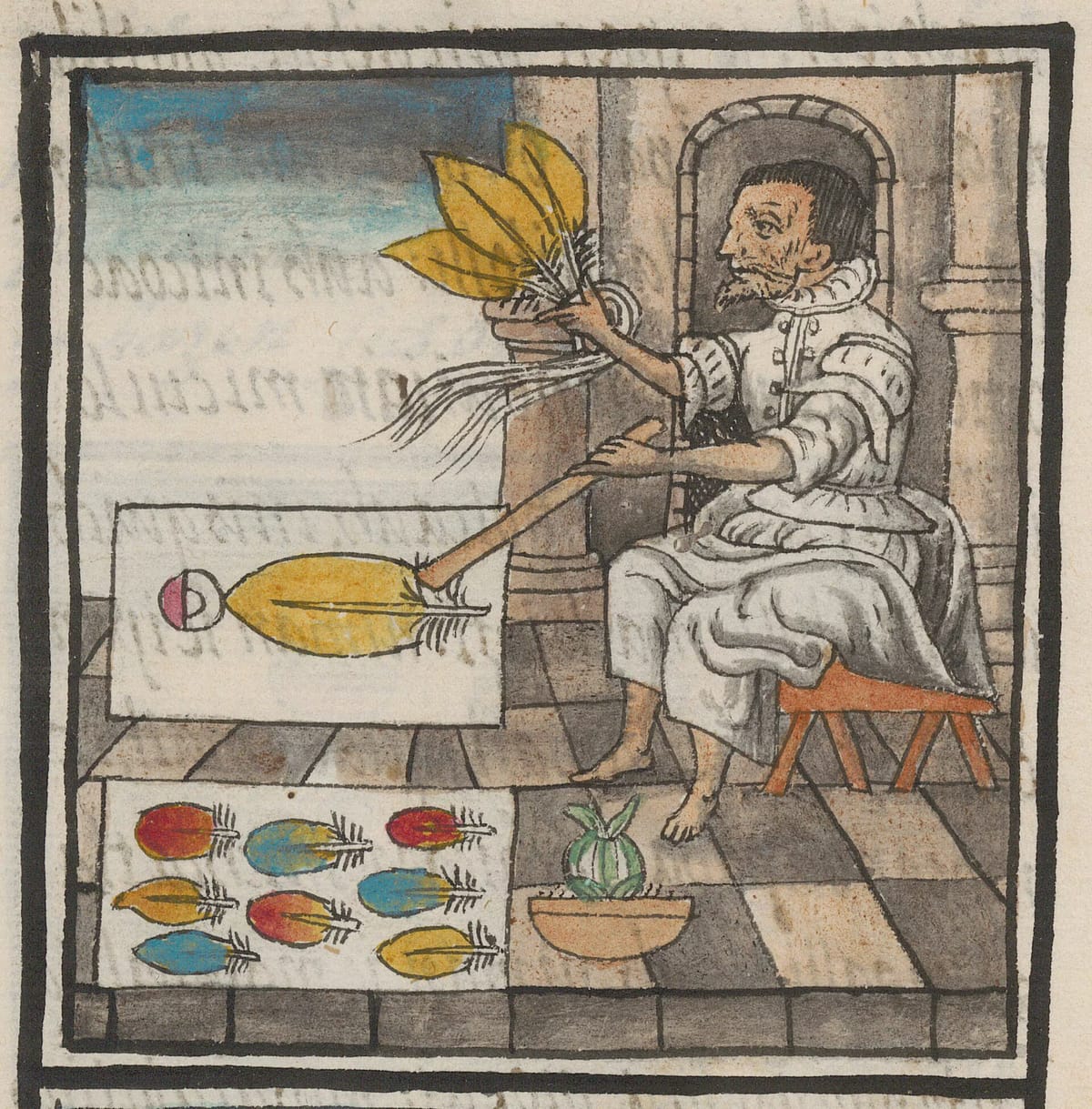 Florentine Codex painting of a seated featherworker holding a bundle of yellow feathers over a work surface, with red, blue, and yellow feathers laid out beside him