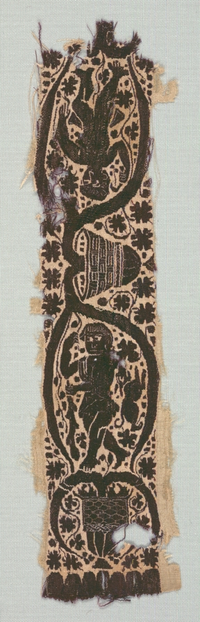 Narrow fragment of a tunic with a band of brilliant purple wool woven with two small male figures under vines, edged on both sides by plain silk