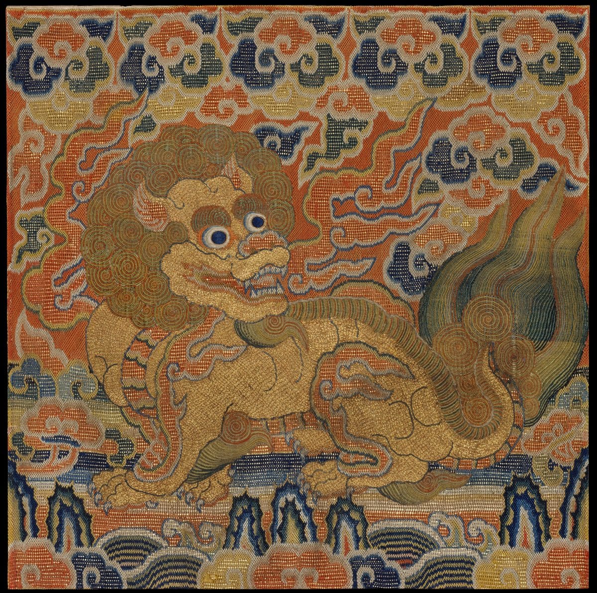 Ming dynasty embroidered rank badge with a lion, the emblem of a military official