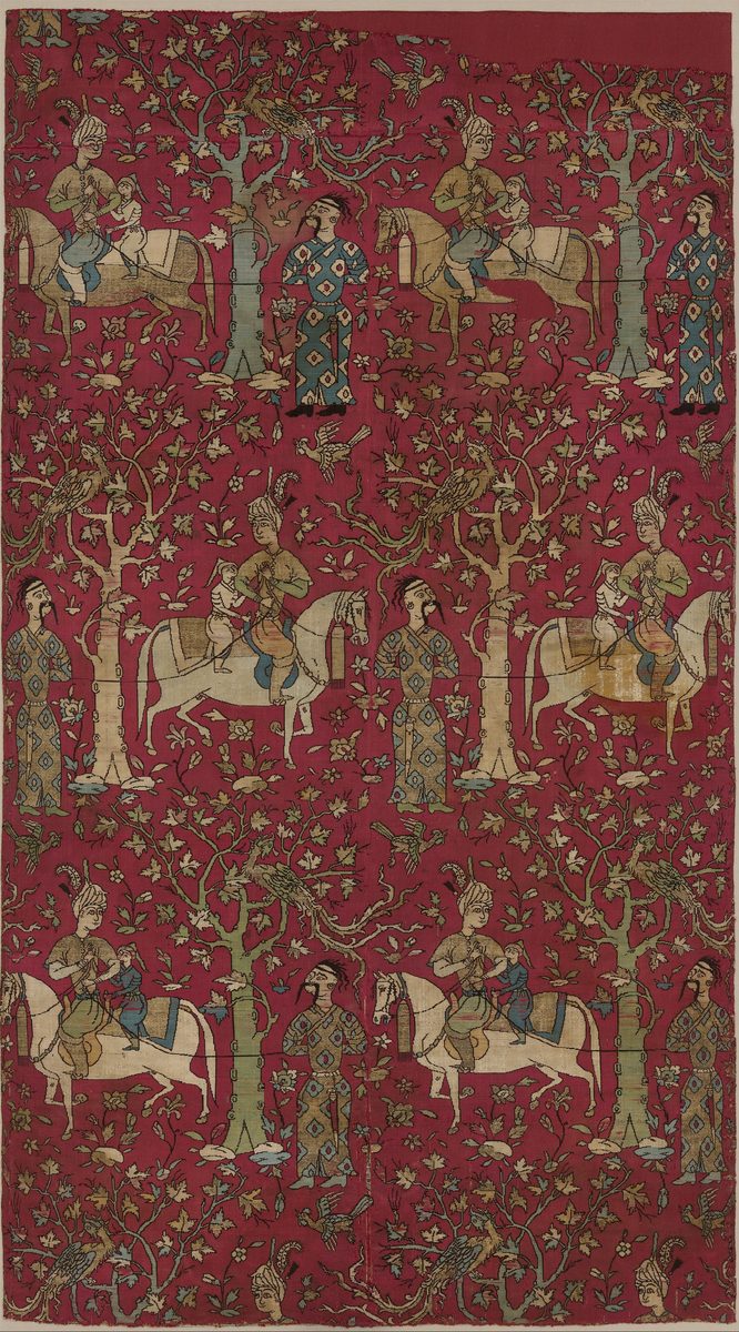 Red Safavid silk lampas woven with repeating figures of courtiers on horseback leading captives among flowering trees