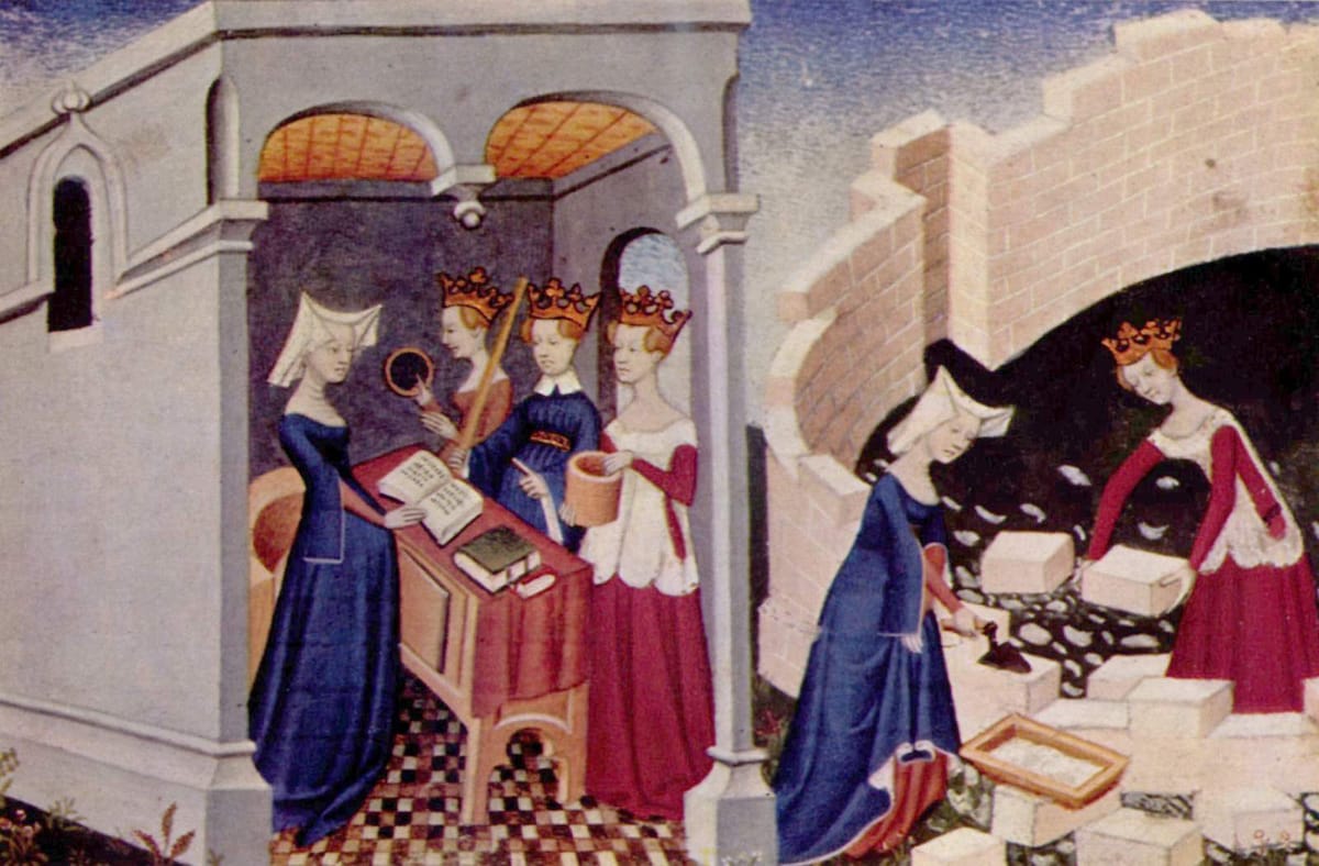 Illuminated miniature of Christine de Pizan and three crowned women in long fitted gowns building a walled city of stone