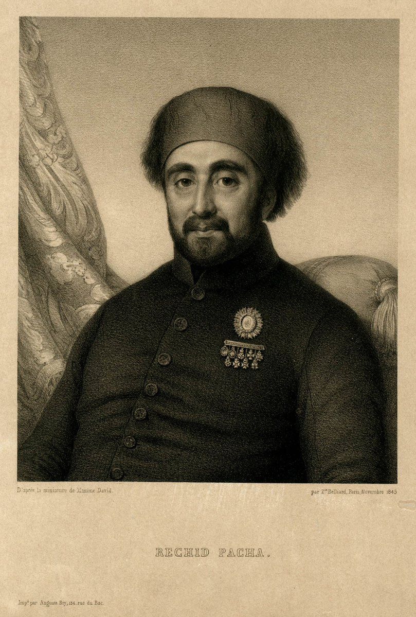 Portrait print of Reşid Pasha in a red fez and a dark single-breasted coat with a high straight collar and a row of buttons, with an order pinned to his chest
