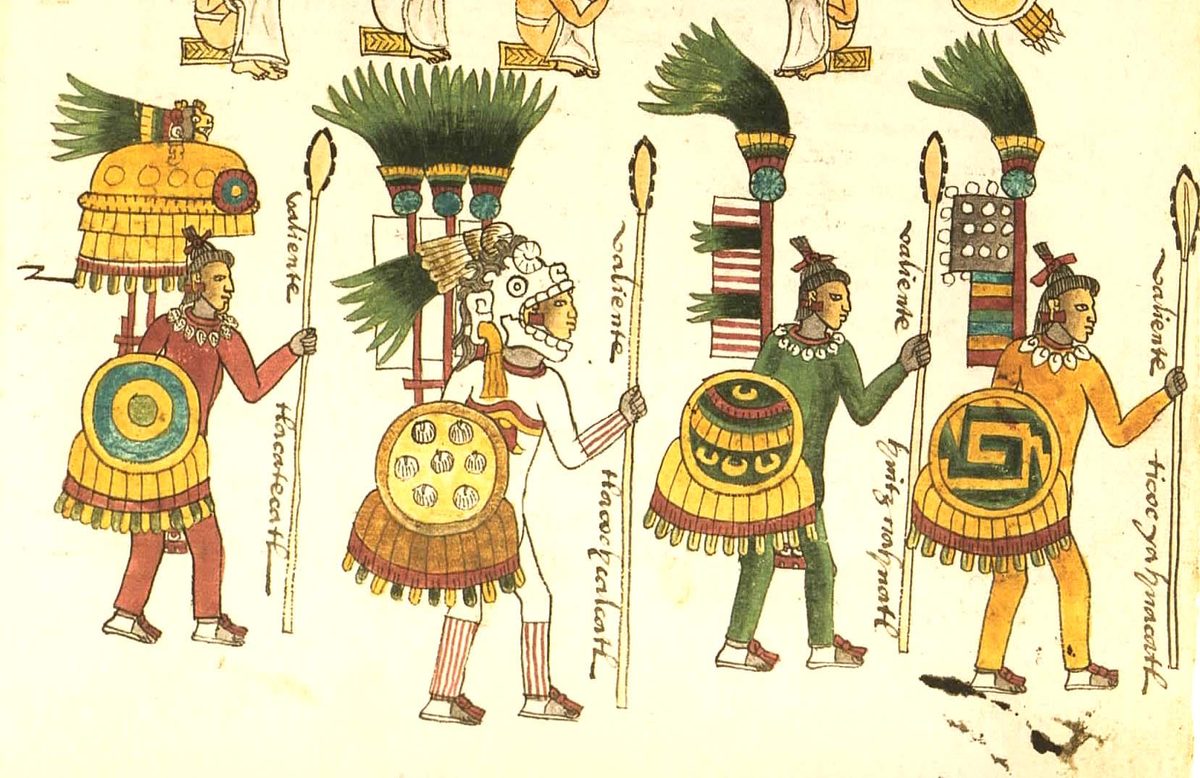 Aztec warriors in feathered suits with shields and back devices, from the Codex Mendoza