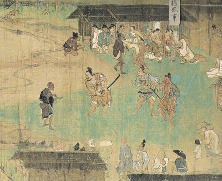 Warriors and townspeople in hitatare and kosode at a market, from the Ippen Hijiri-e handscroll, 1299