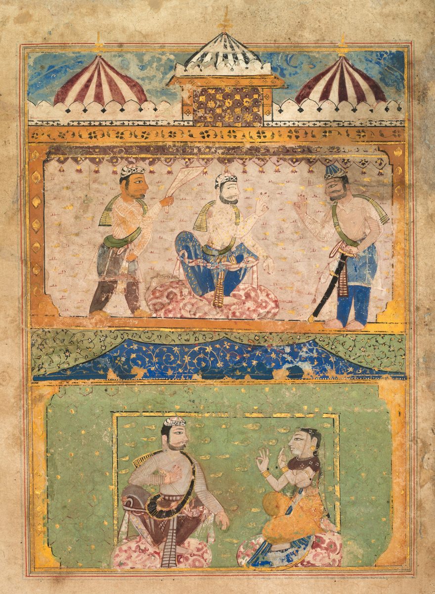 Sultanate-period manuscript painting of men in fitted tunics with sashes and trousers, above a scene of a seated man and a woman in a draped wrap and veil