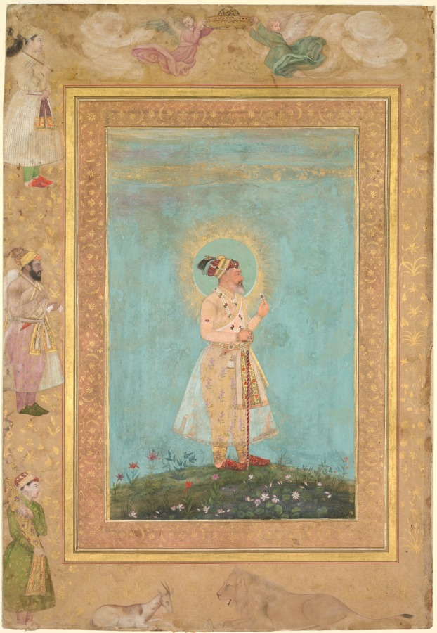 Mughal album portrait of Emperor Shah Jahan standing on a flowering hillock, wearing a long translucent muslin jama over patterned trousers, a jeweled belt and sash, pearl necklaces, and a turban with a feather plume, with a halo behind his head