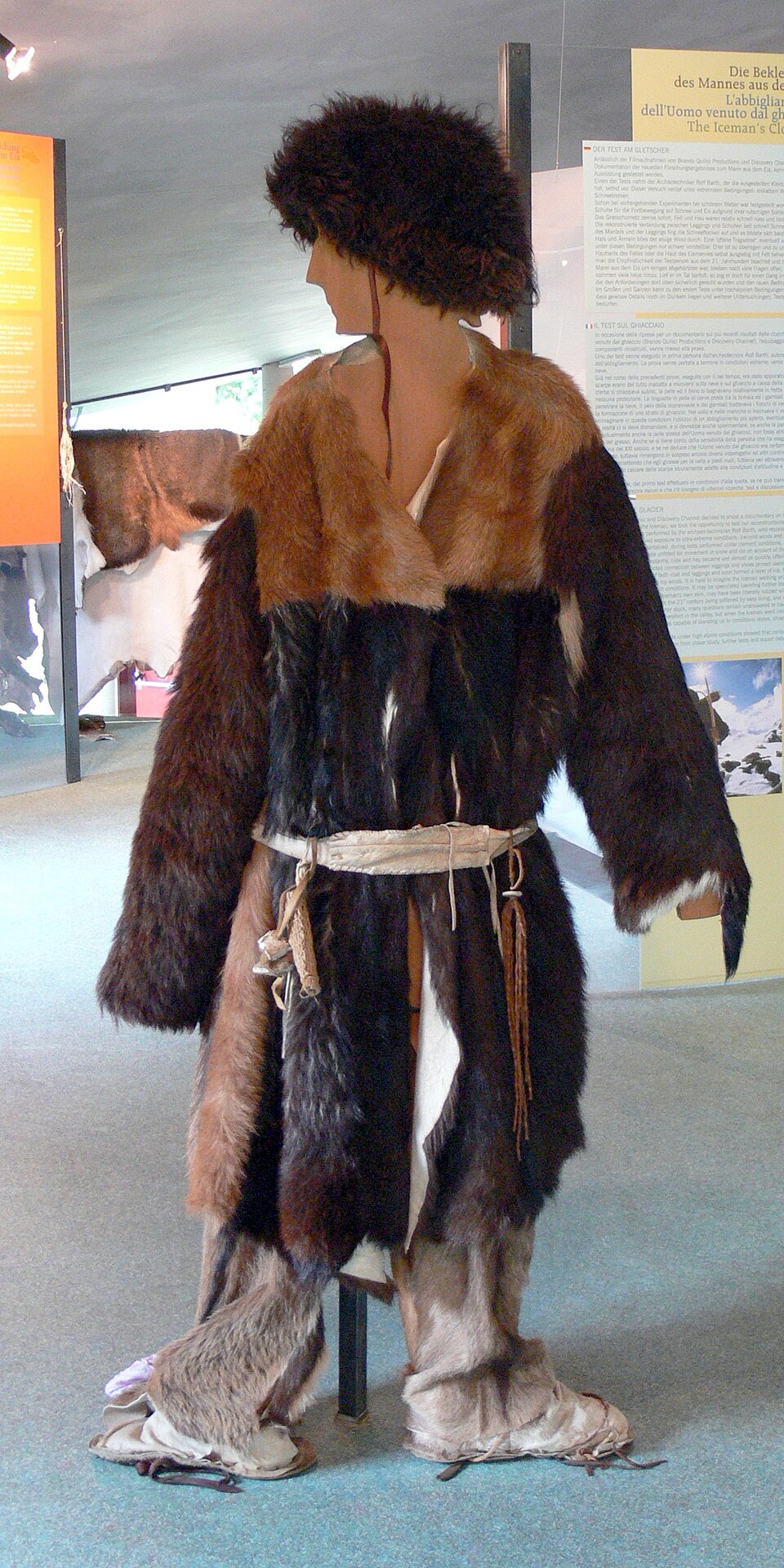 Reconstruction of Ötzi the Iceman wearing his layered hide and fur clothing