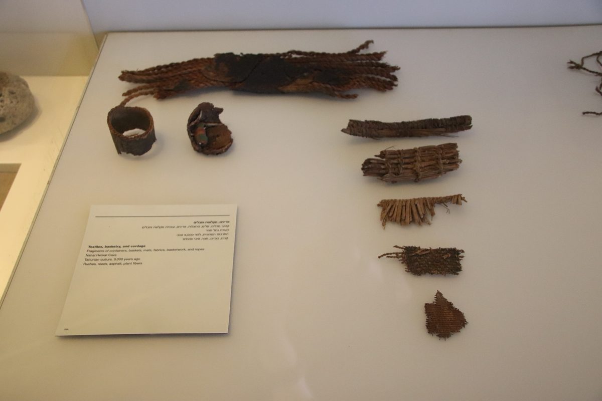 Fragments of Neolithic fabrics, basketry, and cordage from Nahal Hemar Cave on display at the Israel Museum