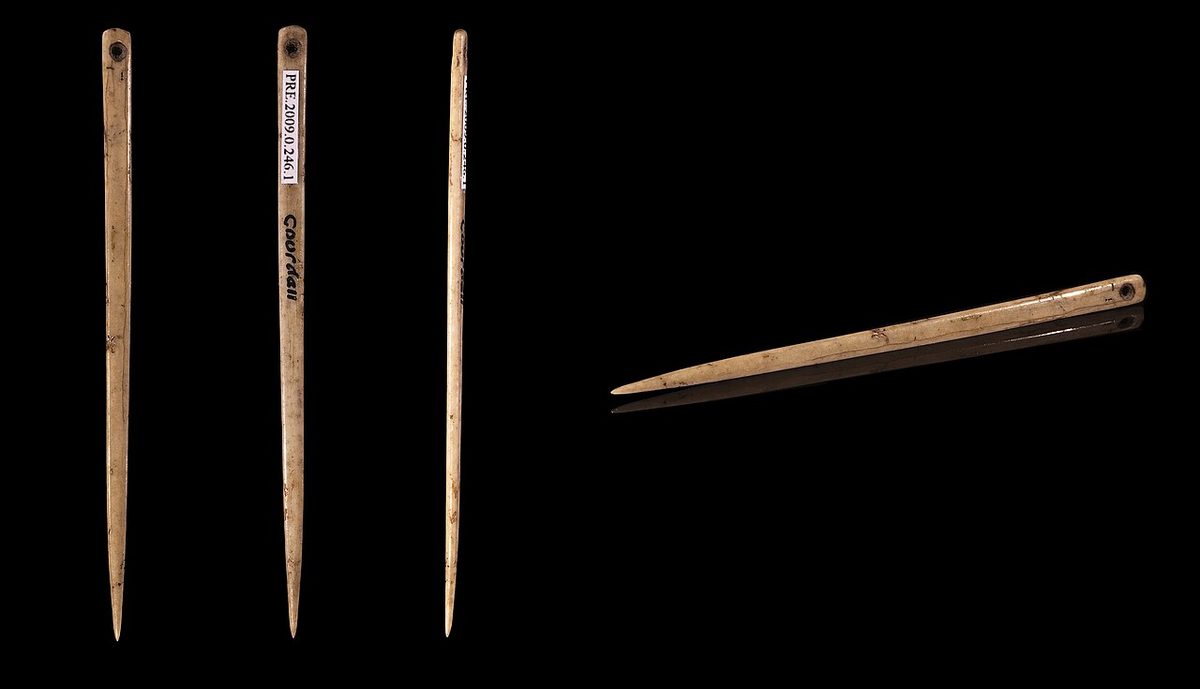 Four views of a long, slender polished bone needle with a small drilled eye at its upper end, on a black background