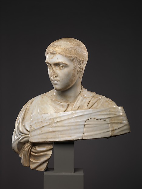 Marble bust of the young emperor Severus Alexander wearing a toga with a broad, flat band of folds across his chest